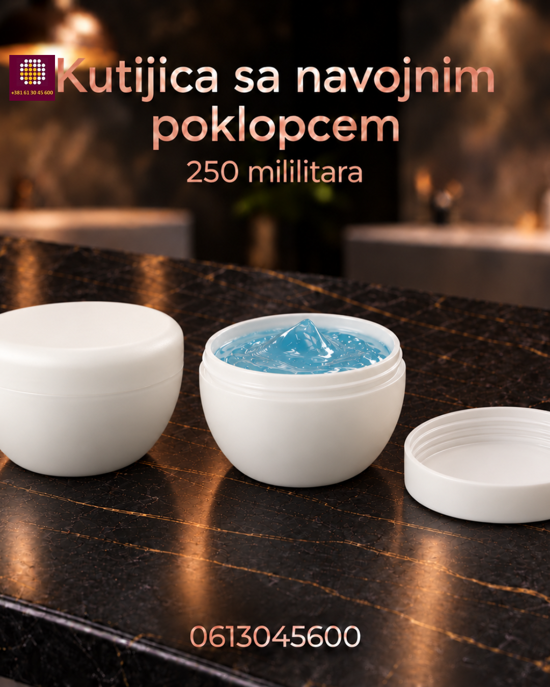 Kutija sa navojnim poklopcem, 250 mililitara, napunjena sa gelom protiv celulta