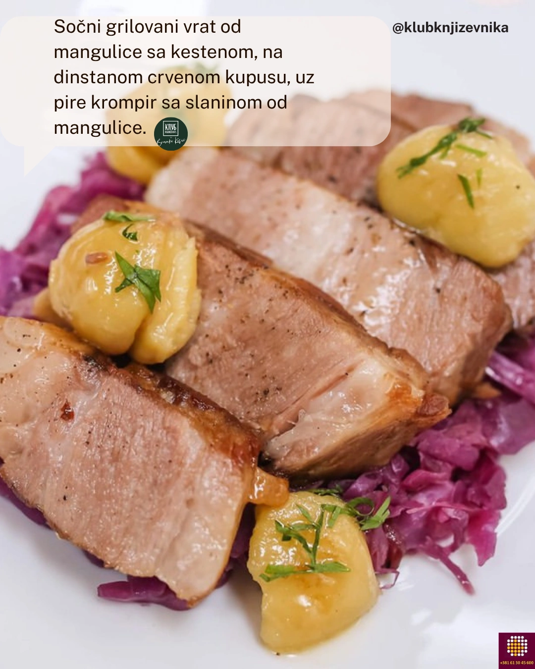 Sočni grilovani vrat od mangulice sa kestenom, na dinstanom crvenom kupusu, uz pire krompir sa slaninom d mangulice