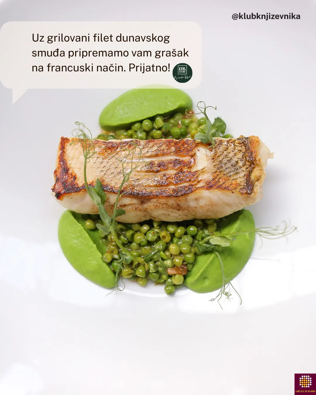 Grilovani filet dunavskog smuža, sa graškom pripremljenim na francuski način