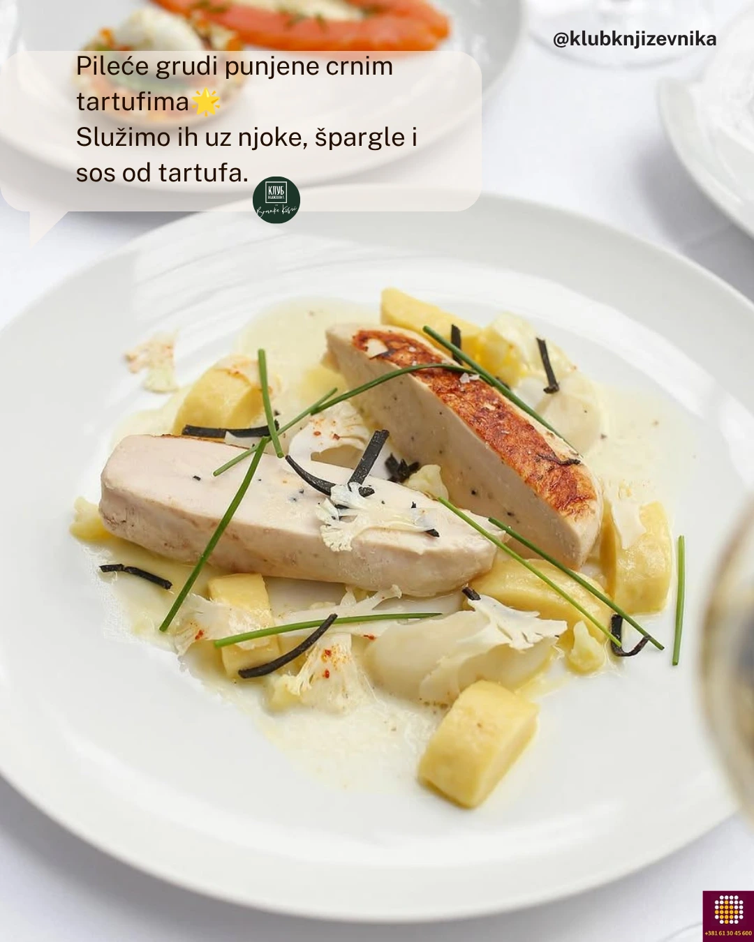 Pileće grudi punjene crnim tartufima, poslužene uz njoke, špargle i sos od tartufa