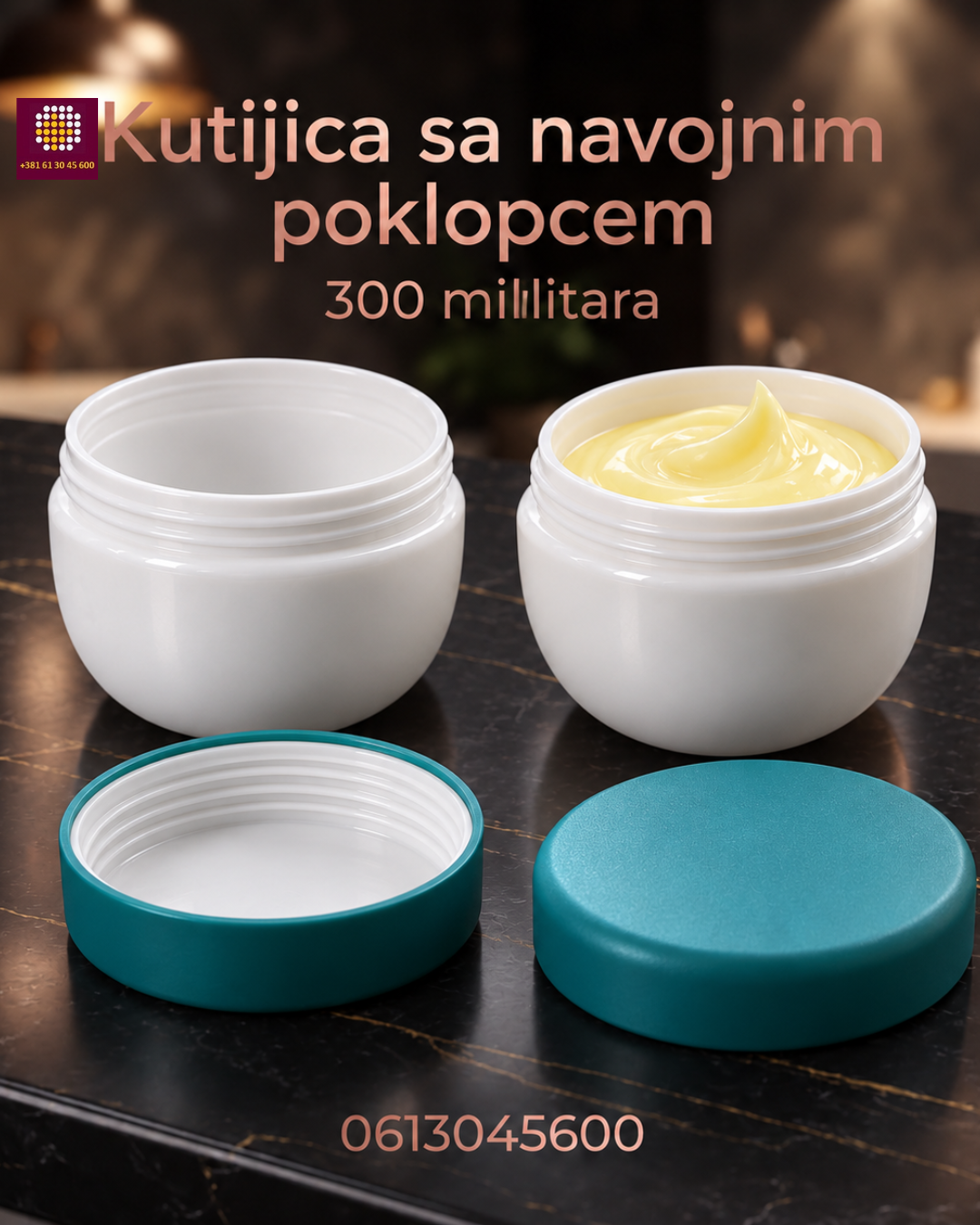 Kutija sa navojnim poklopcem 300 mililitara, jedna je prazna, a druga napunjena melemom