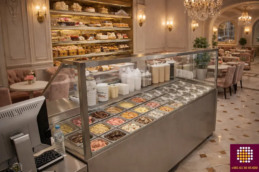 pekara u čijem centru se nalazi vitrina sa domaćinskim salatama i dodacima
